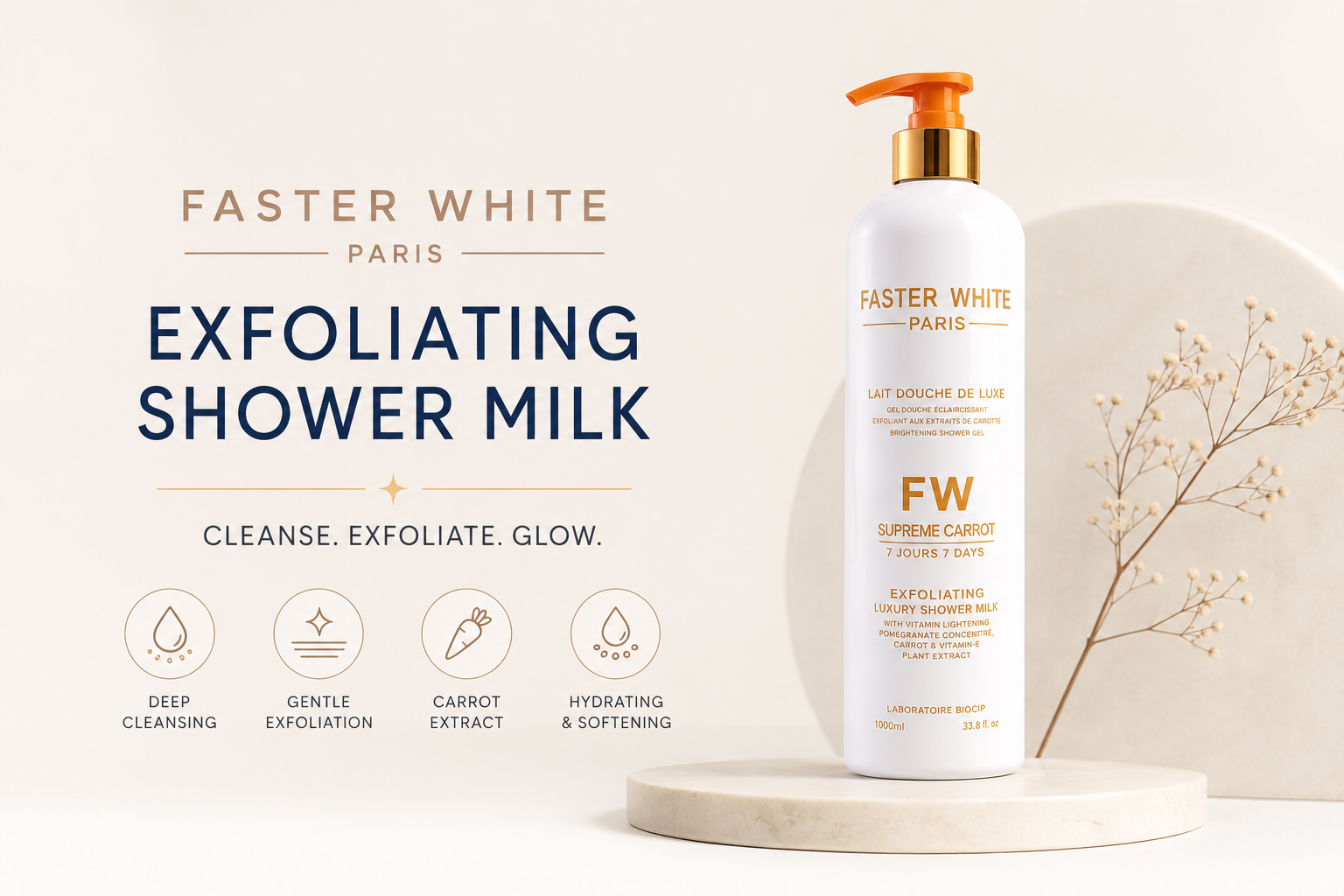 Faster White Paris Exfoliating Shower Milk for exfoliating, cleansing, hydrating and brightening skin